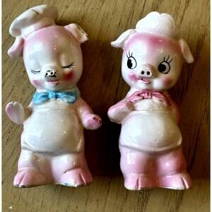 VTG 50s Pink Pigs Chefs Salt and Pepper Shakers Japan CUTE Mid Century Modern